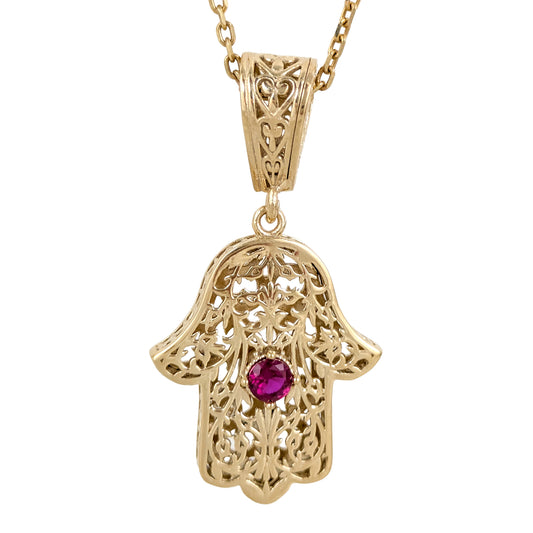 Filigree Hamsa Pendant with Ruby or Black Crystal