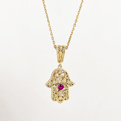Filigree Hamsa Pendant with Ruby or Black Crystal