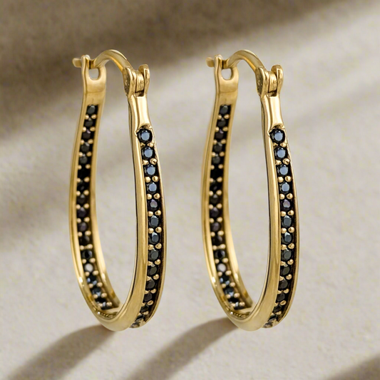 Black Spinel Hoop Earrings – Slim Oval Hoops