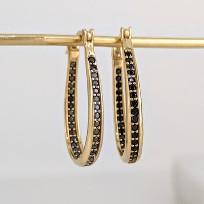 Black Spinel Hoop Earrings – Slim Oval Hoops