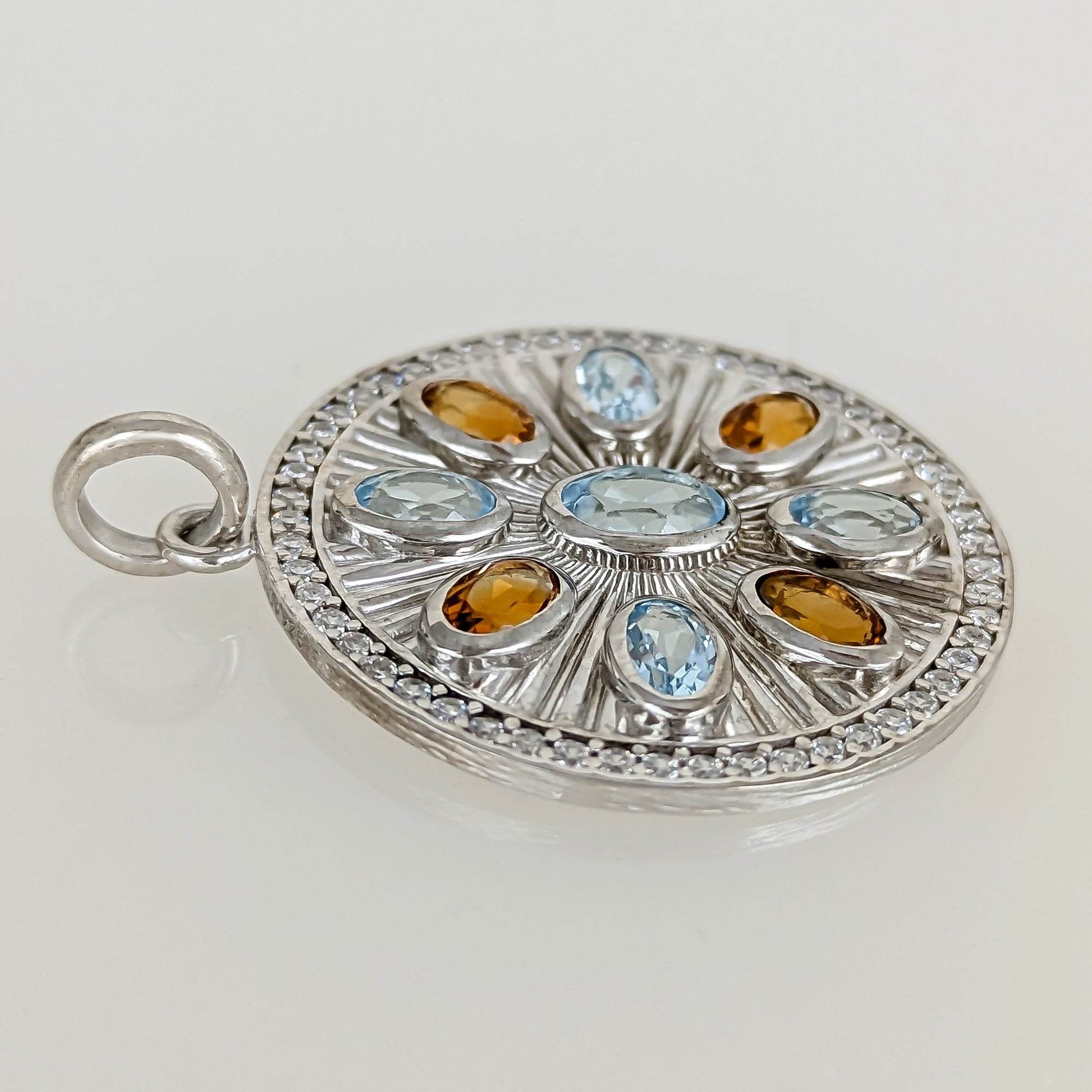 Sky Blue Topaz & Citrine Sunburst Pendant – CZ Halo, Rhodium over Sterling Silver - TurkishBling