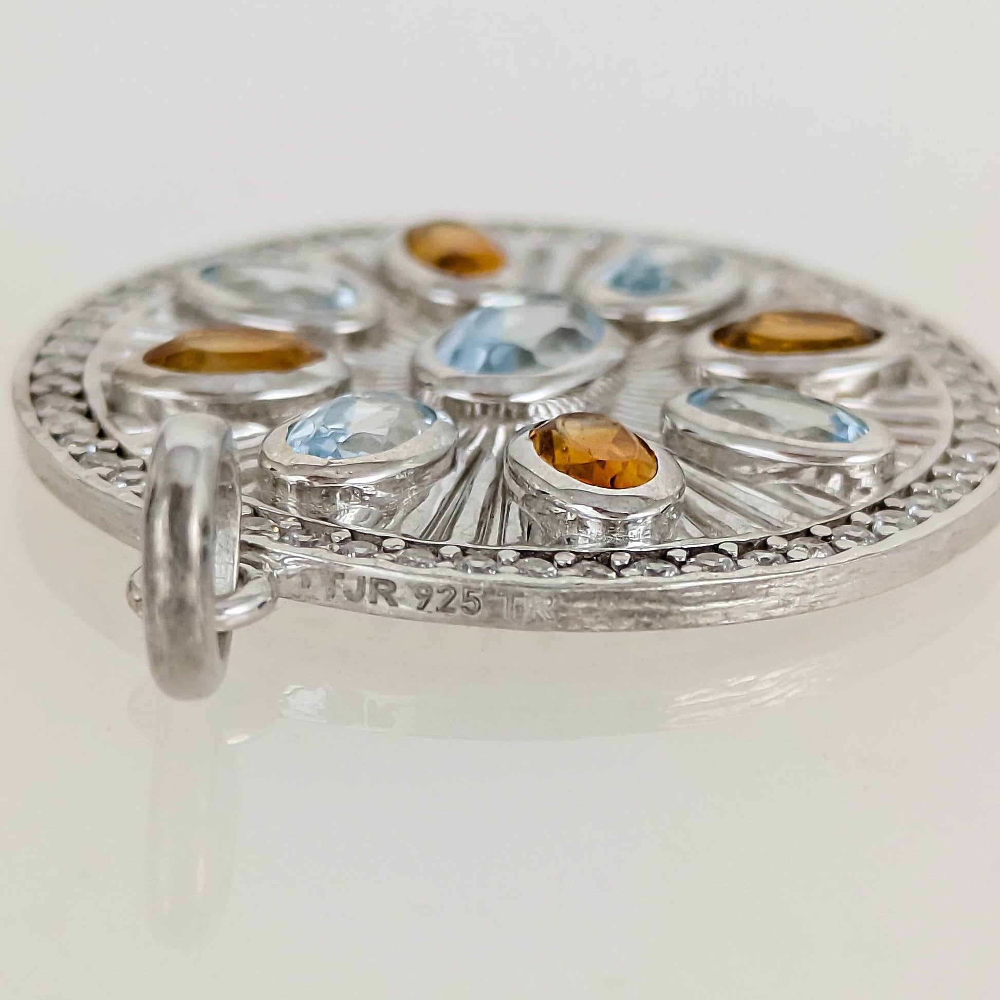 Sky Blue Topaz & Citrine Sunburst Pendant – CZ Halo, Rhodium over Sterling Silver - TurkishBling
