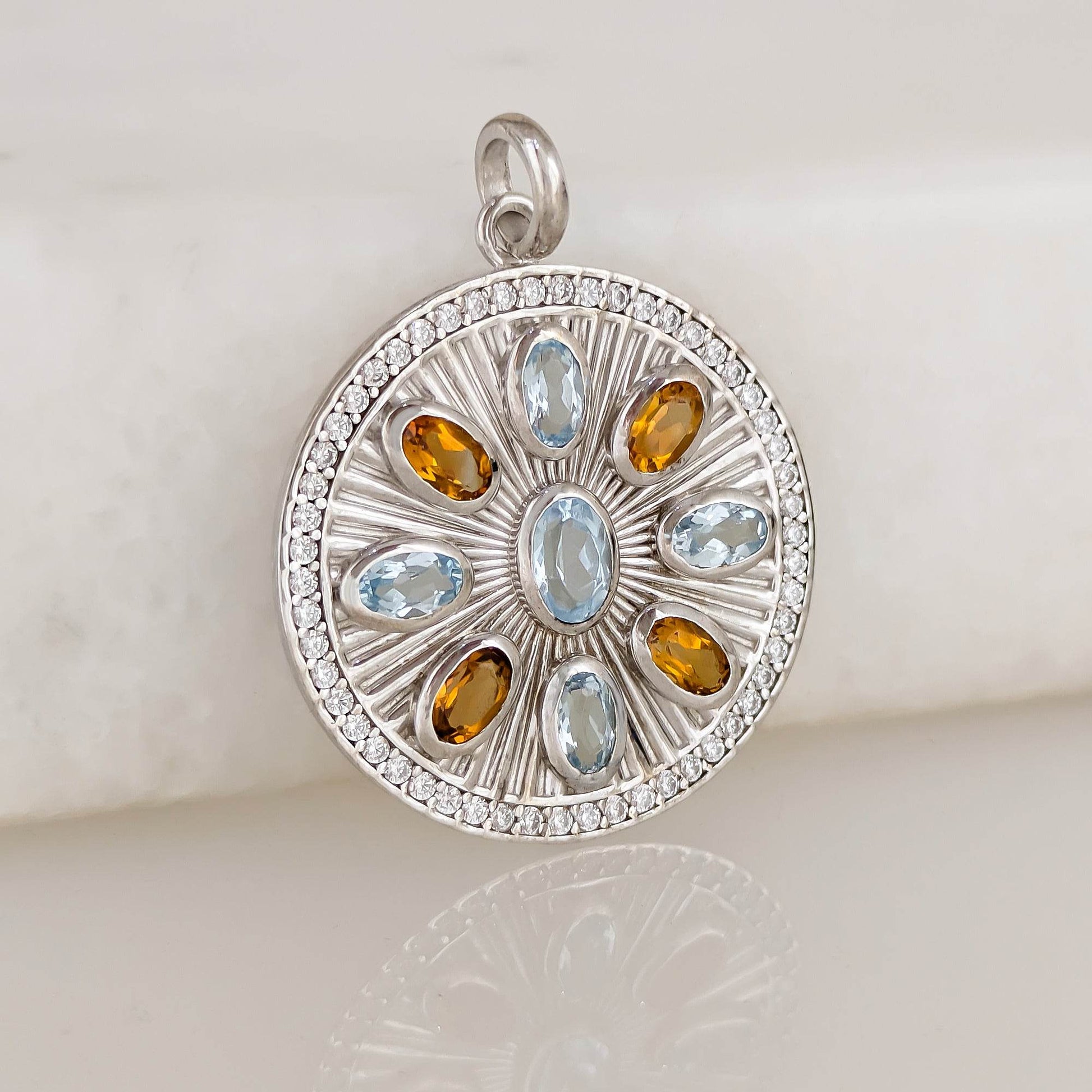 Sky Blue Topaz & Citrine Sunburst Pendant – CZ Halo, Rhodium over Sterling Silver - TurkishBling
