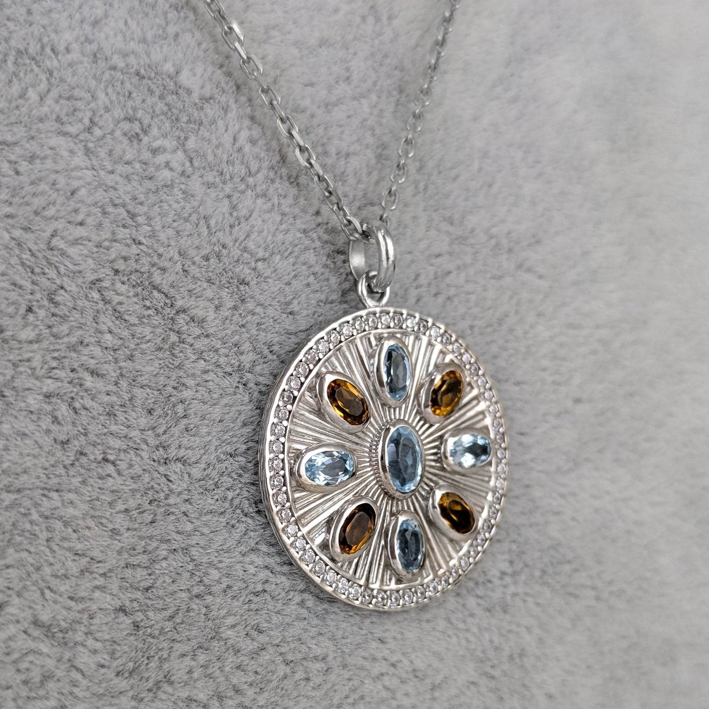 Sky Blue Topaz & Citrine Sunburst Pendant – CZ Halo, Rhodium over Sterling Silver - TurkishBling