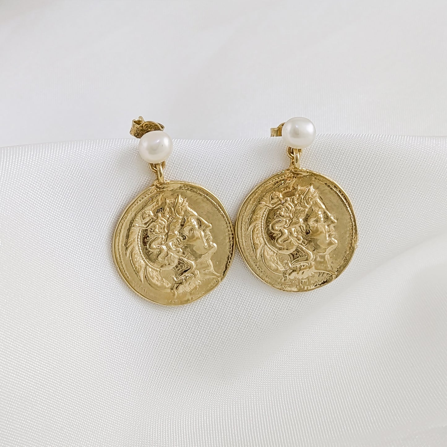 Pearl Roman Great Alexander Coin Earrings