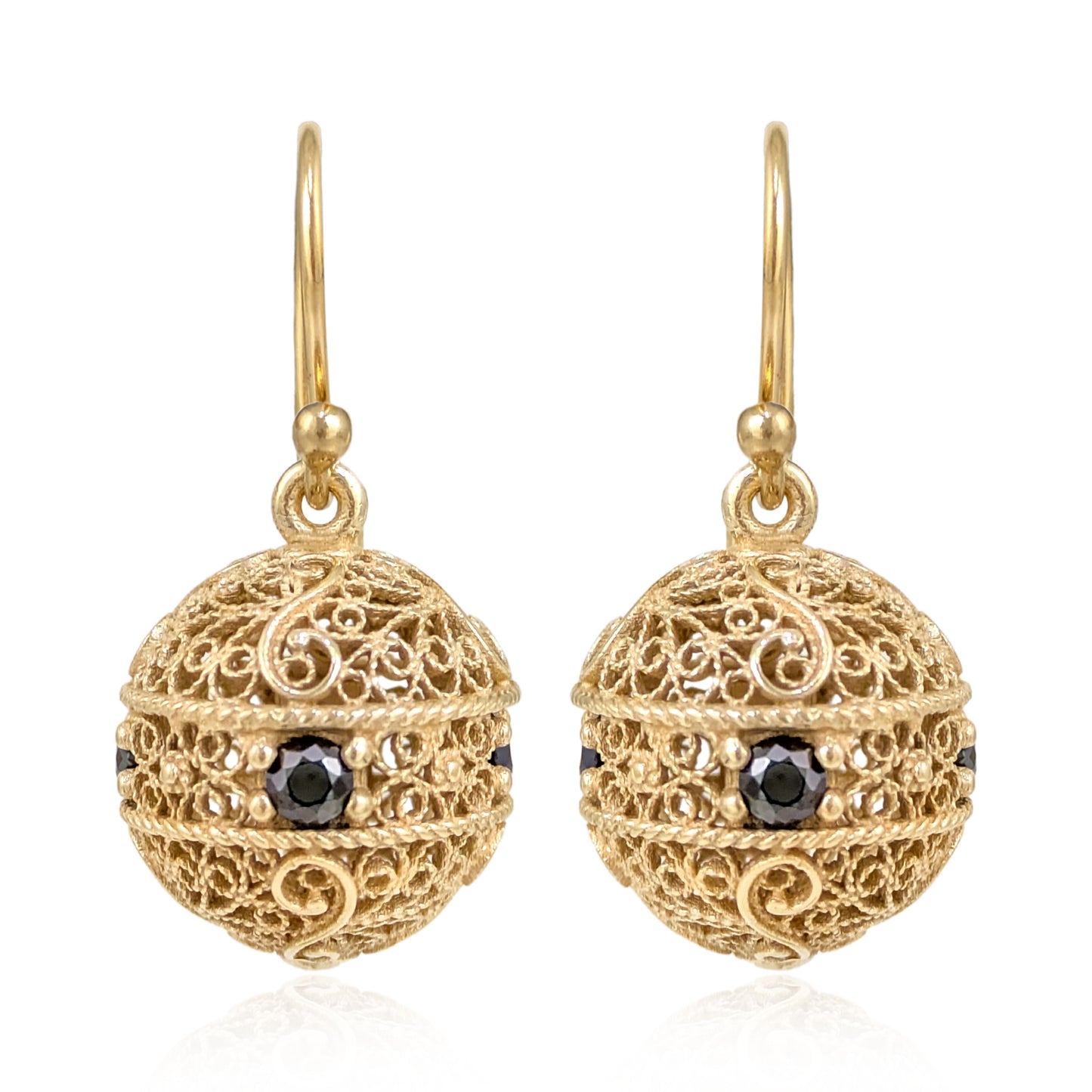 Scrollwork Ball Earrings with Black Spinels