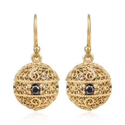 Scrollwork Ball Earrings with Black Spinels