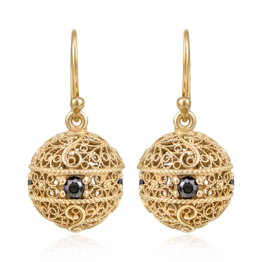 Scrollwork Ball Earrings with Black Spinels