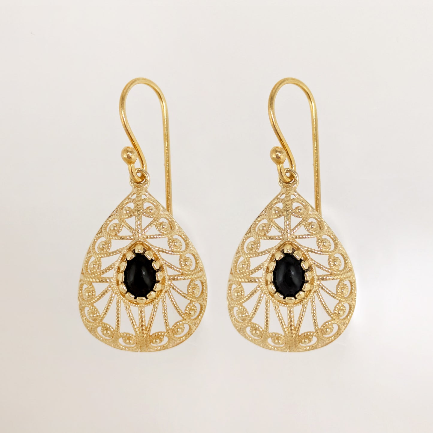 Black Onyx Teardrop Earrings Filigree Gold Dangle Earrings