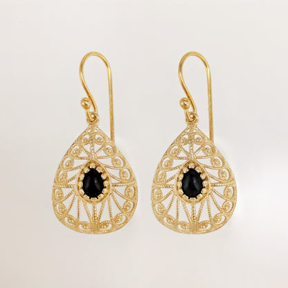 Black Onyx Teardrop Earrings Filigree Gold Dangle Earrings