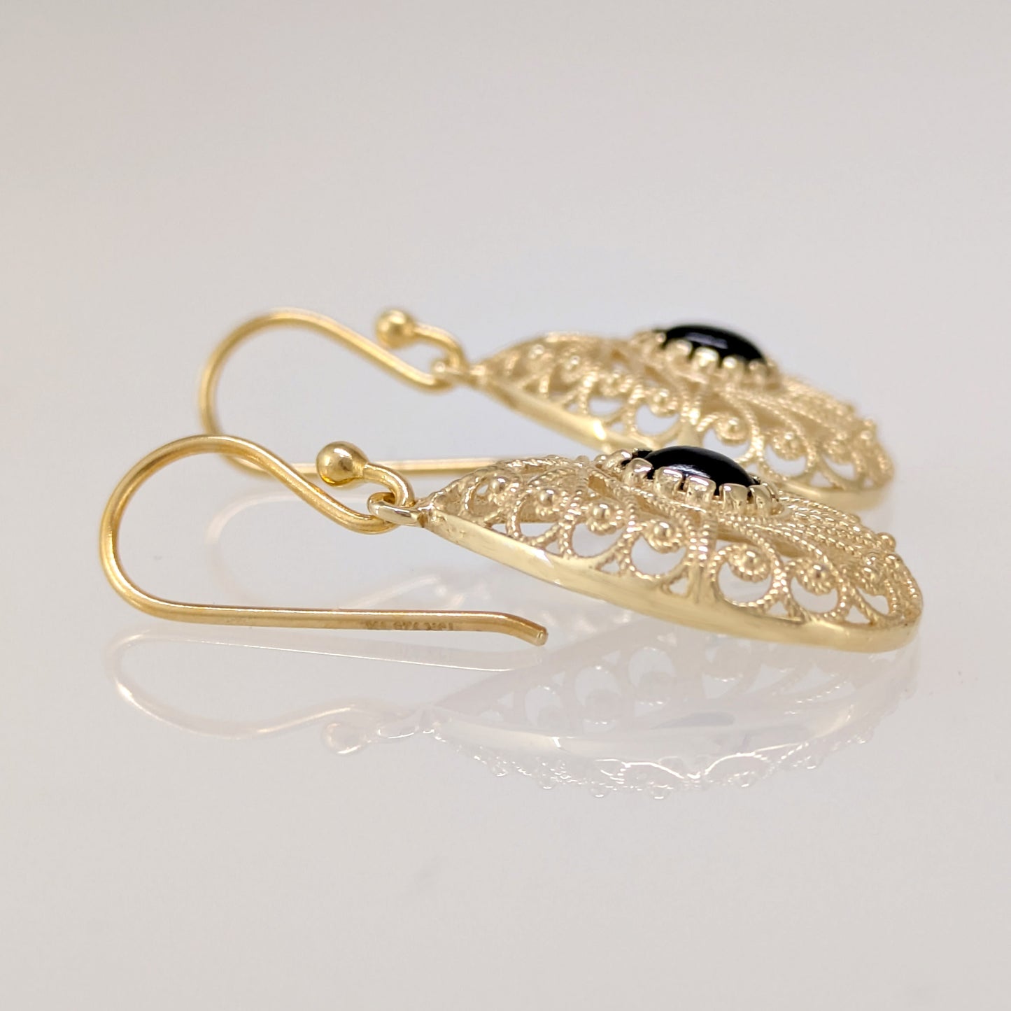 Black Onyx Teardrop Earrings Filigree Gold Dangle Earrings