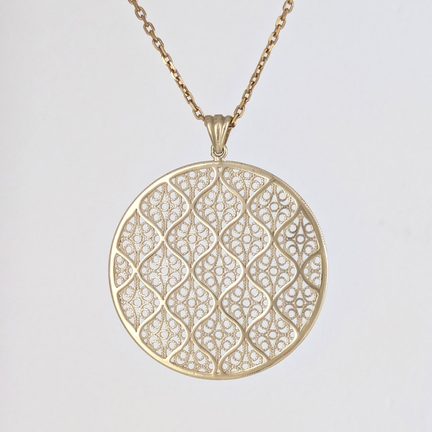 Gold Filigree Round Pendant Geometric Openwork Medallion Charm