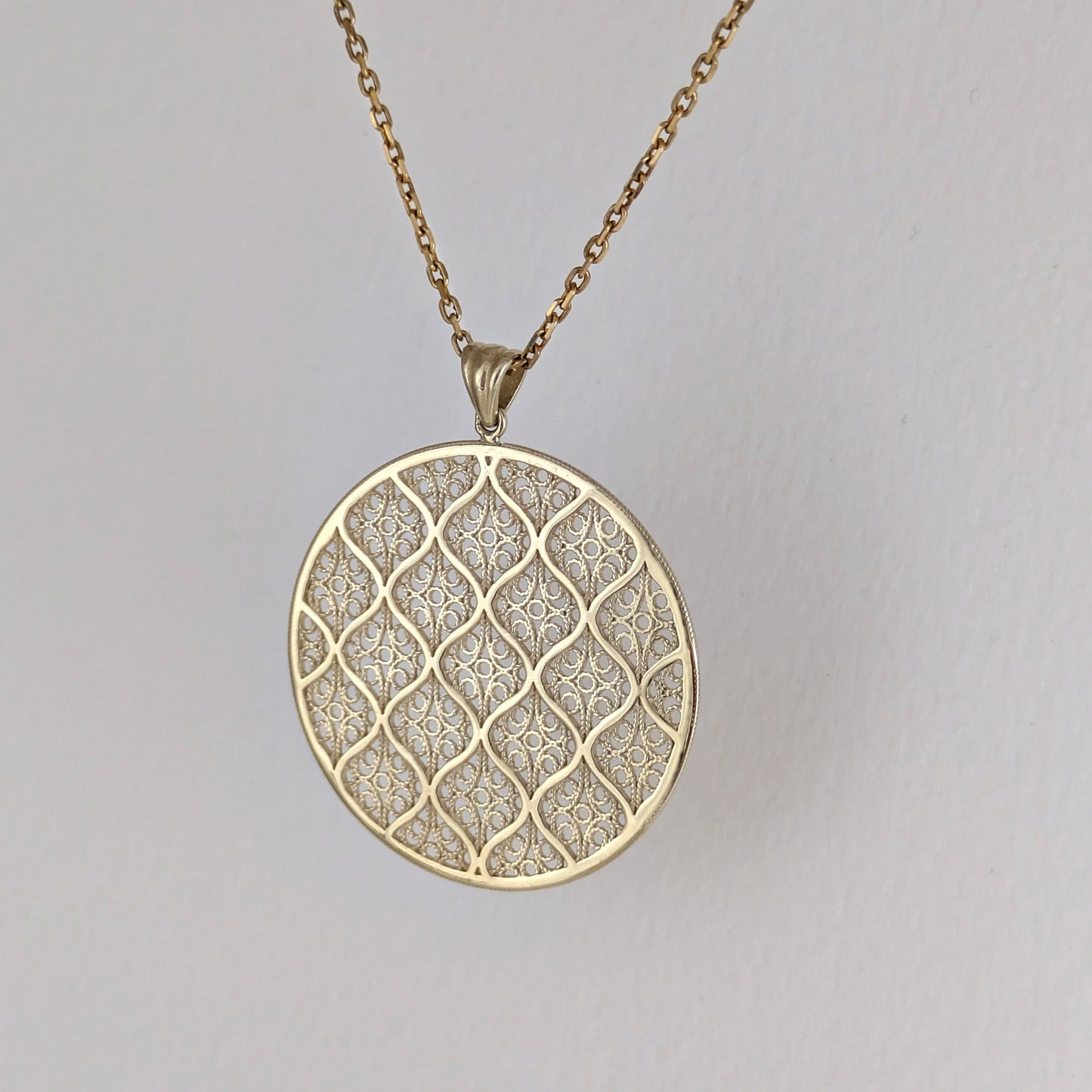 Gold Filigree Round Pendant Geometric Openwork Medallion Charm