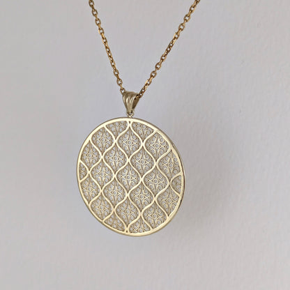 Gold Filigree Round Pendant Geometric Openwork Medallion Charm