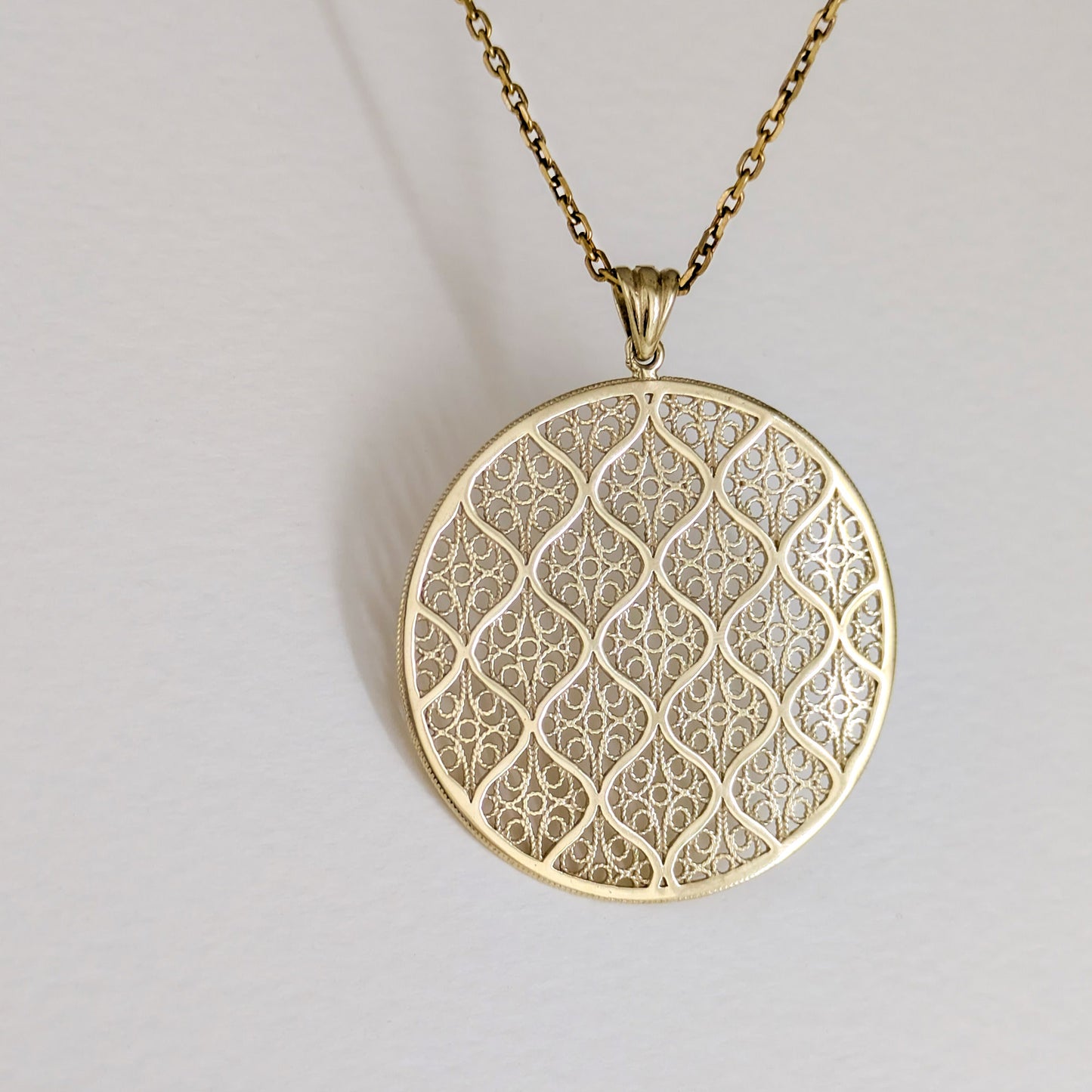 Gold Filigree Round Pendant Geometric Openwork Medallion Charm