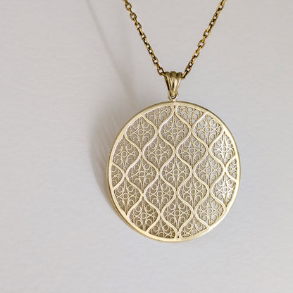 Gold Filigree Round Pendant Geometric Openwork Medallion Charm