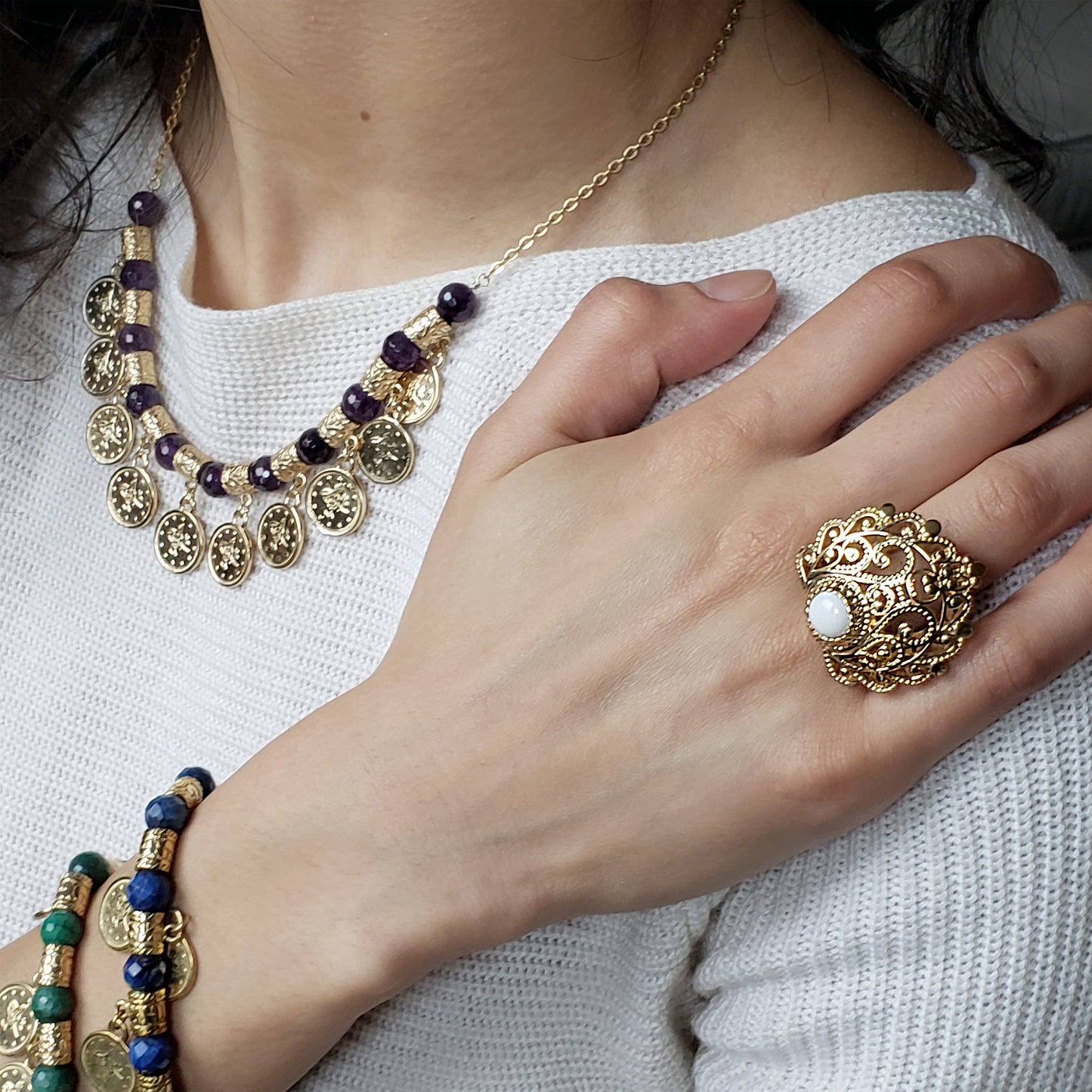 18K Gold Plated 8mm Agate Filigree Ring