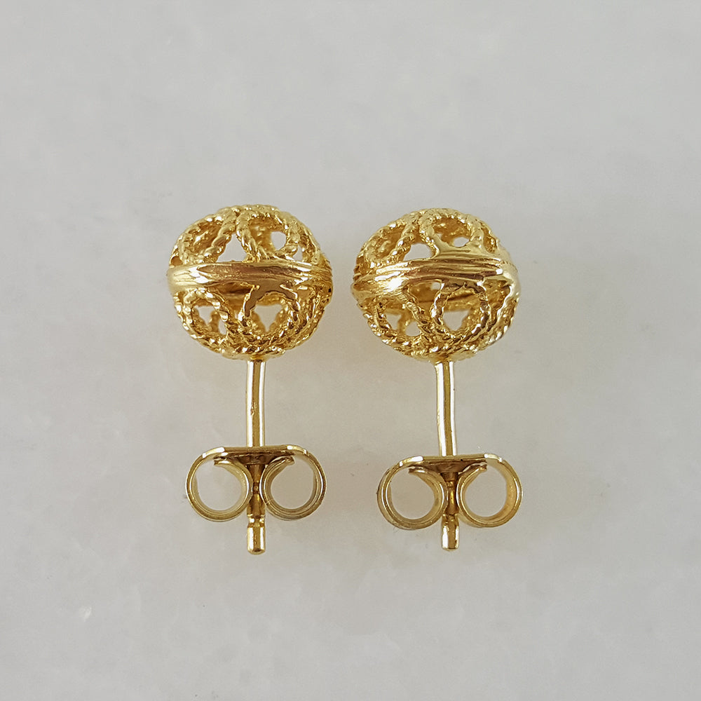 Round Gold Filigree Bead Stud Earrings with Diamond Cut