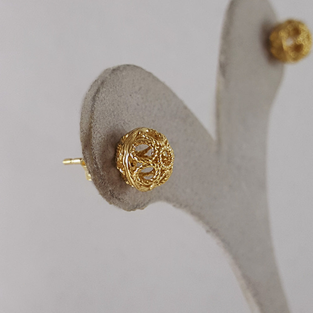 Round Gold Filigree Bead Stud Earrings with Diamond Cut