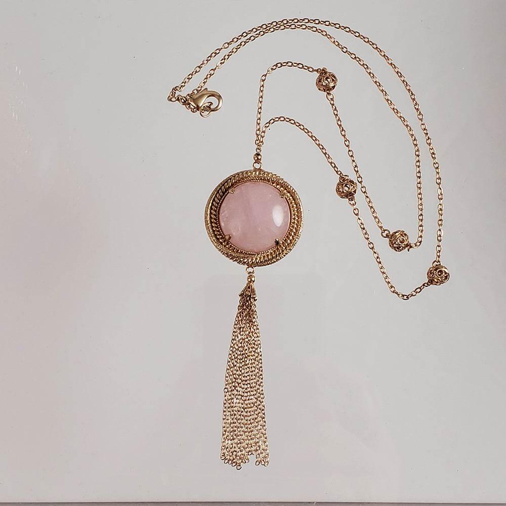 Rose Quartz gemstone Tassel Pendant Necklace - TurkishBling