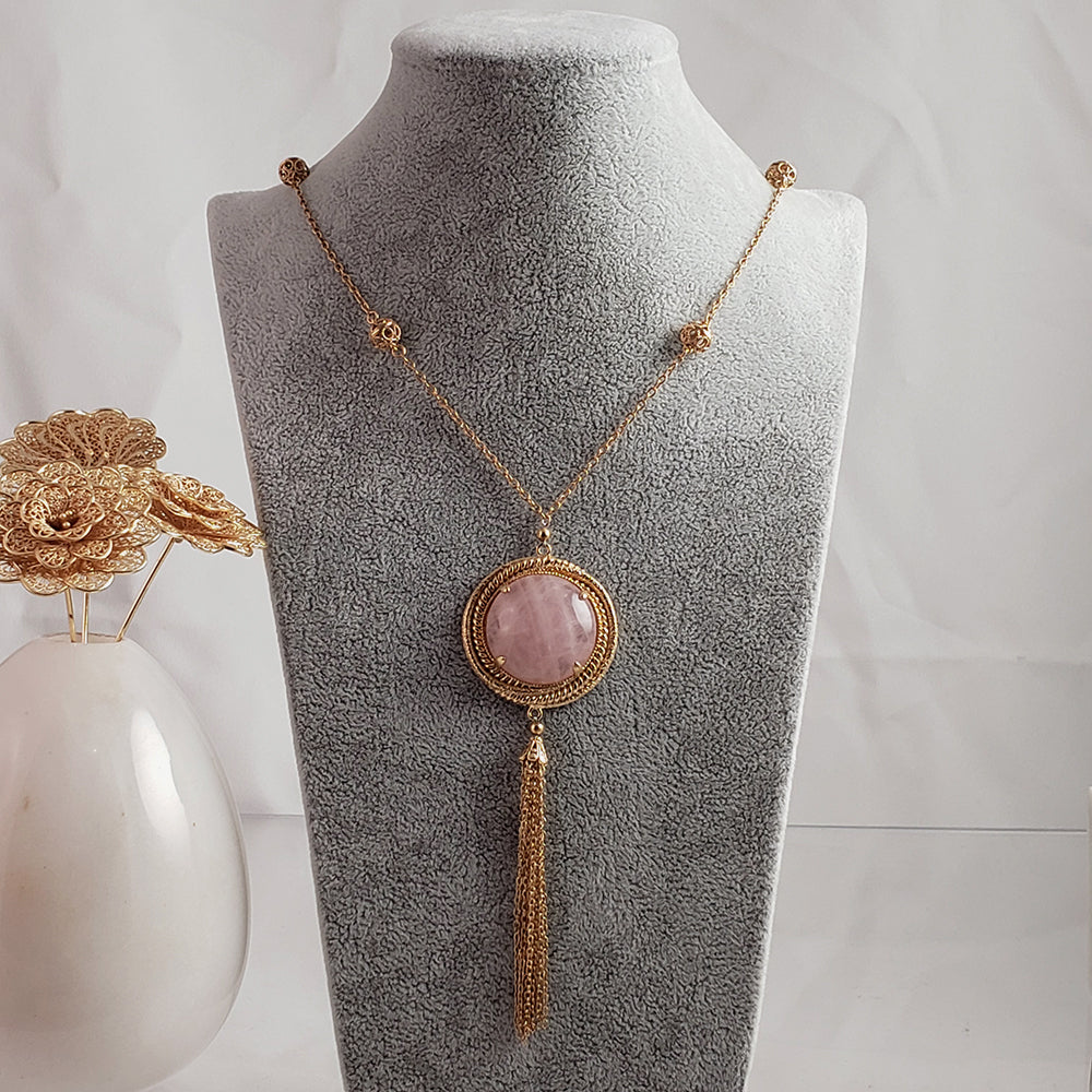 Rose Quartz gemstone Tassel Pendant Necklace