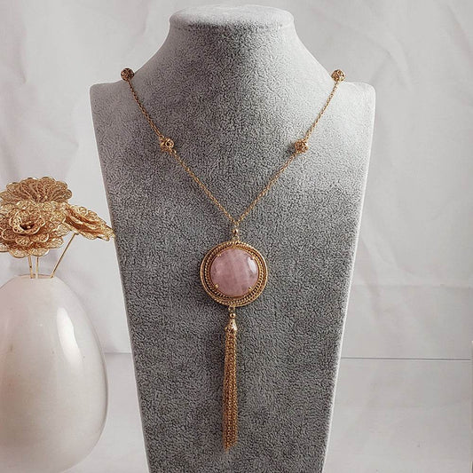 Rose Quartz gemstone Tassel Pendant Necklace - TurkishBling