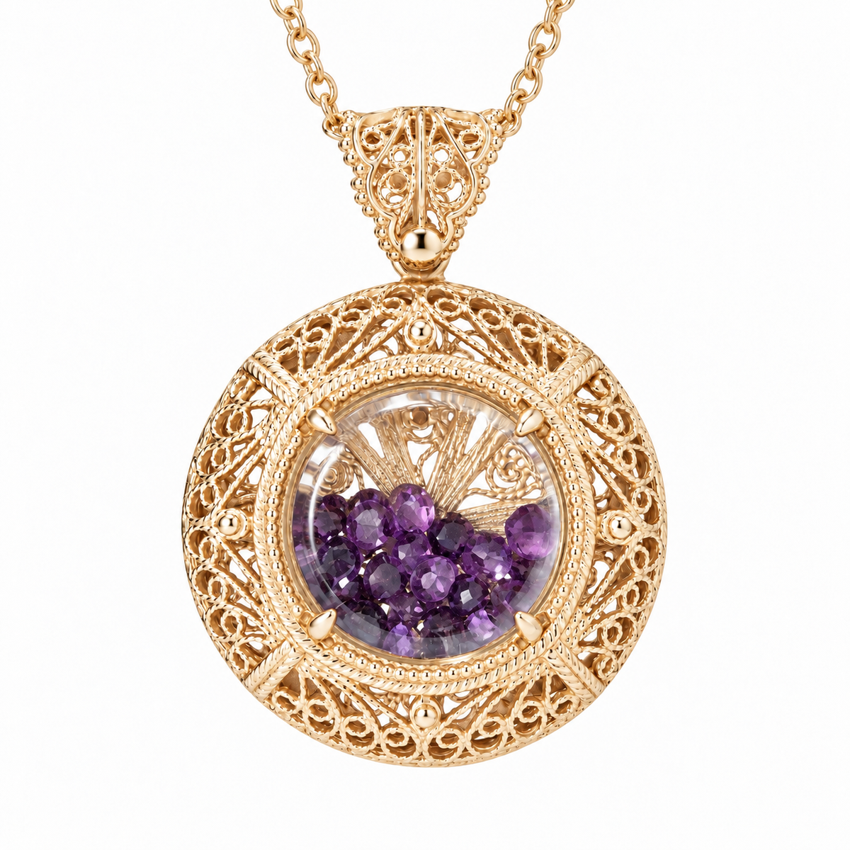 Filigree Locket Shaker Pendant with Floating Gemstones – 36 in. Love Link Chain