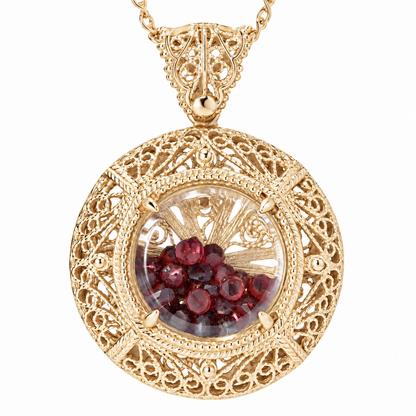Filigree Locket Shaker Pendant with Floating Gemstones – 36 in. Love Link Chain