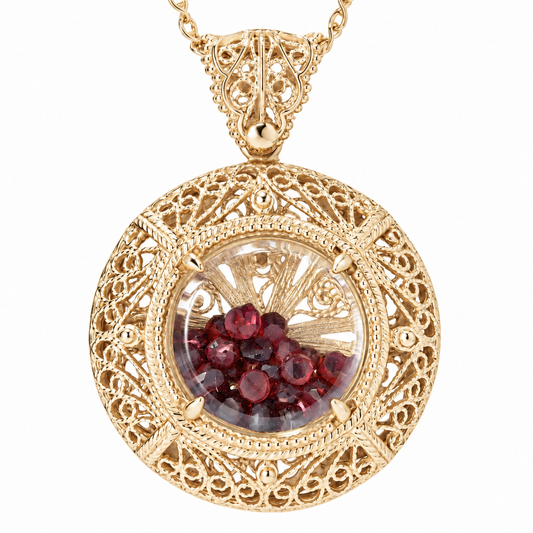 Filigree Locket Shaker Pendant with Floating Gemstones – 36 in. Love Link Chain