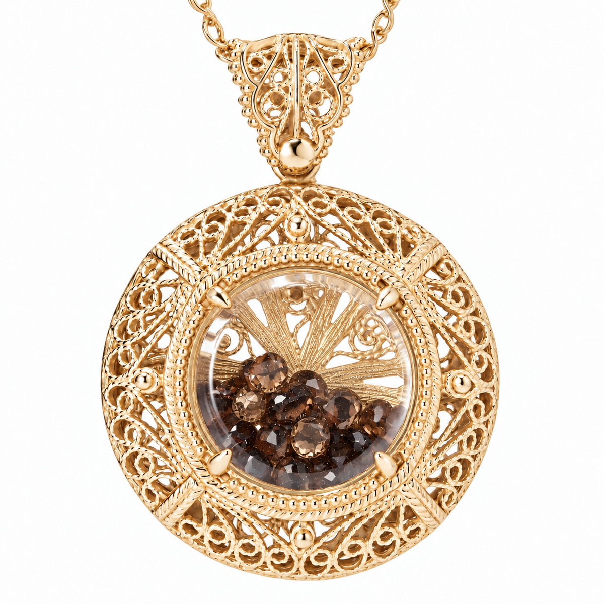 Filigree Locket Shaker Pendant with Floating Gemstones – 36 in. Love Link Chain