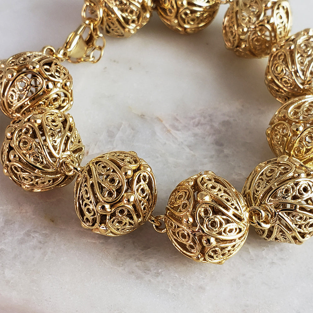 Adjustable Gold Filigree Bead Sphere Bracelet