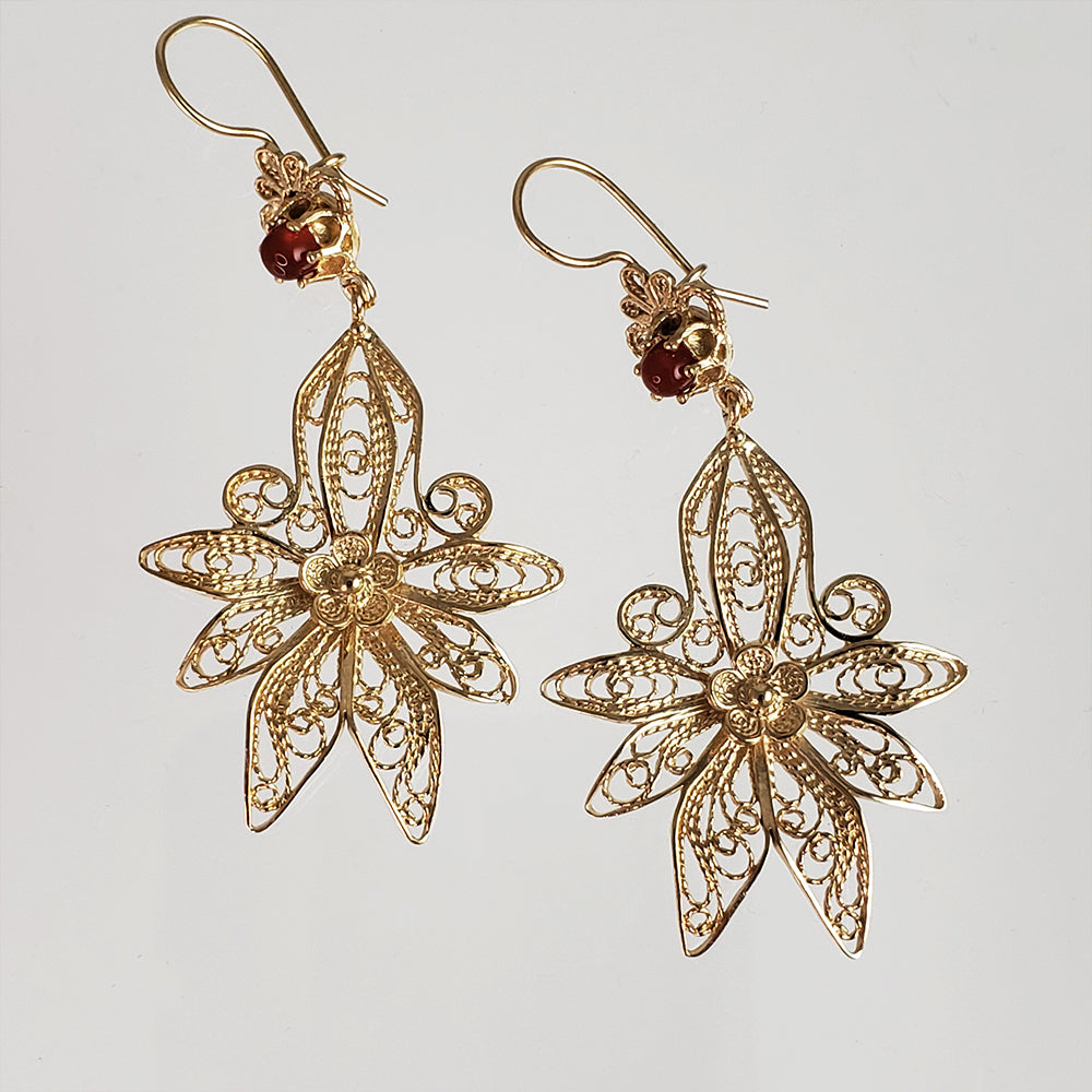 18K Gold Plated 2.5" Carnelian Filigree Earrings