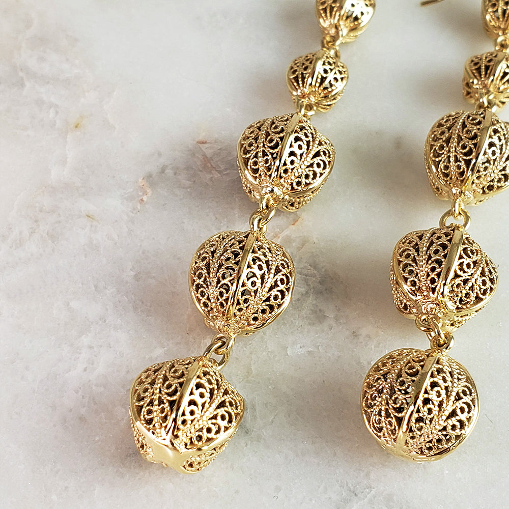 Long Filigree Ball Dangle Earrings
