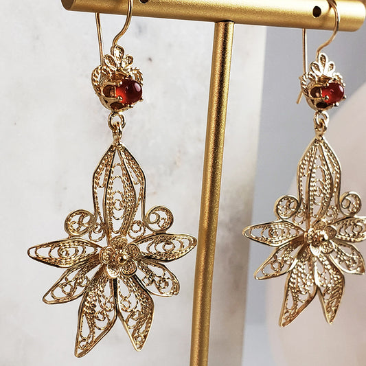 18K Gold Plated 2.5" Carnelian Filigree Earrings