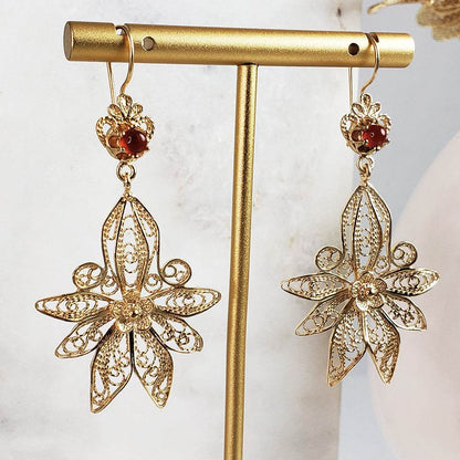 Dangling Carnelian Earrings with Floral Filigree Drop Design - TurkishBling