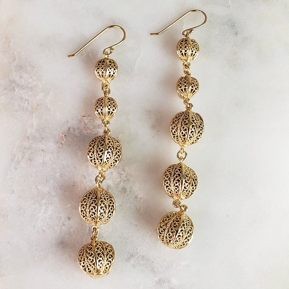 Long Filigree Ball Dangle Earrings