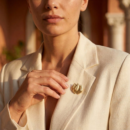 Abstract Layered Leaf Brooch featuring a sculptural botanical design with a hammered texture and rich gold finish. Handcrafted in Istanbul, this elegant brooch is perfect for jackets