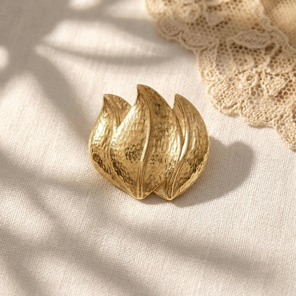 Abstract Layered Leaf Brooch, Gold Finish Turkish Jewelry