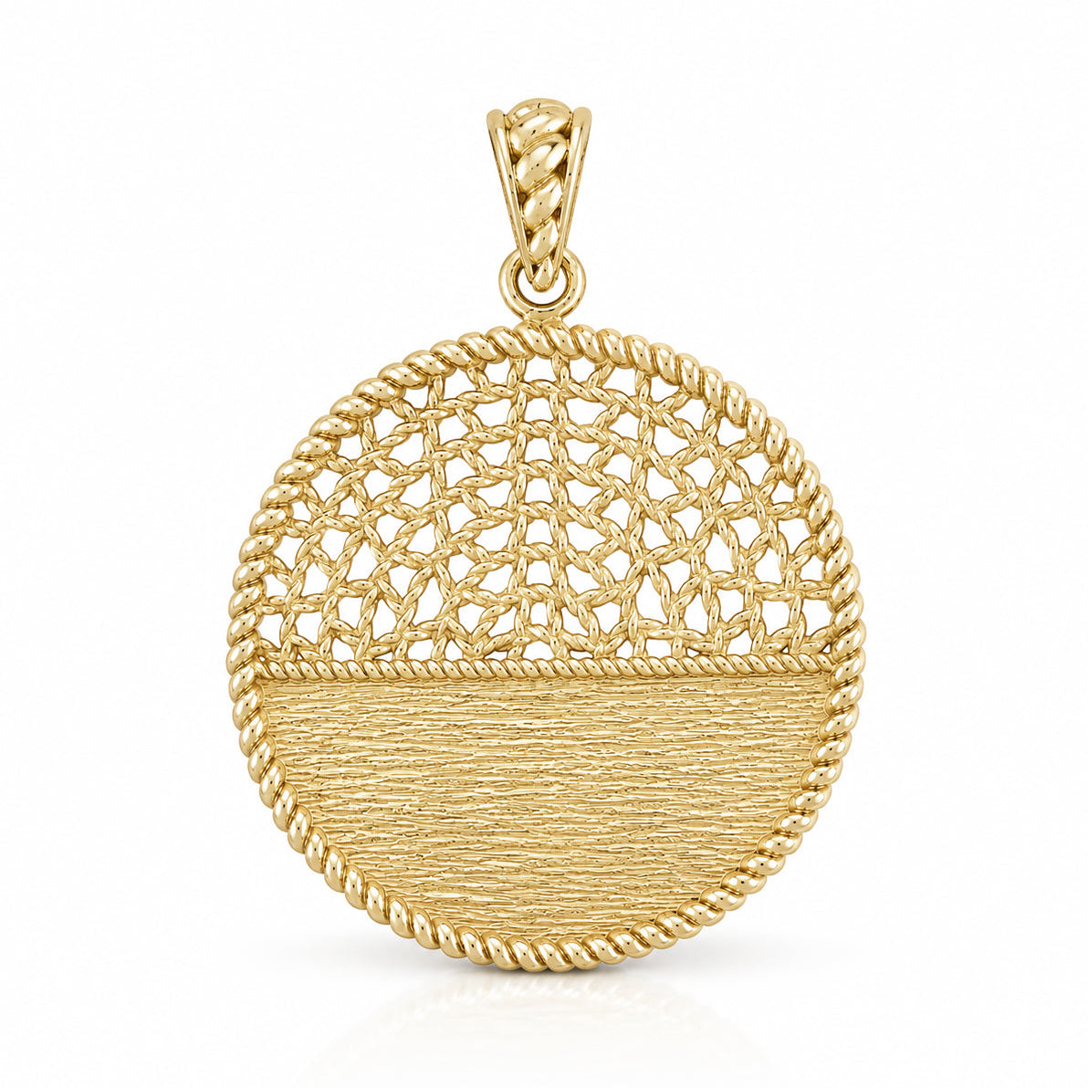 A round gold pendant with a textured, mesh-like upper half and a smooth, brushed lower half, finished with a braided bail at the top, shown on a clean white background.