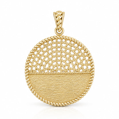 A round gold pendant with a textured, mesh-like upper half and a smooth, brushed lower half, finished with a braided bail at the top, shown on a clean white background.