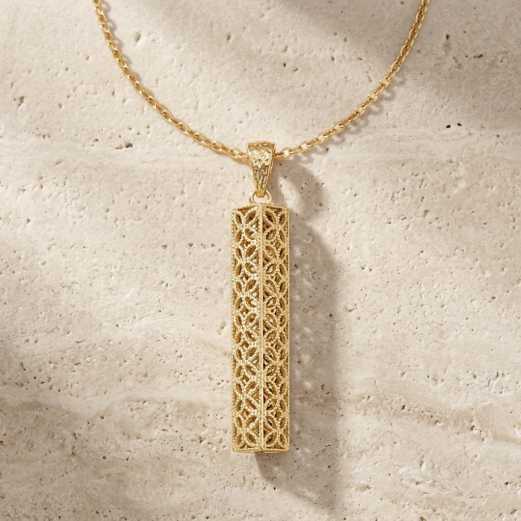 Rectangular Filigree Bar Pendant with Ornate Openwork