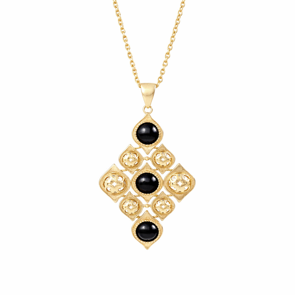 Black Onyx Filigree Gold Tone Statement Pendant
