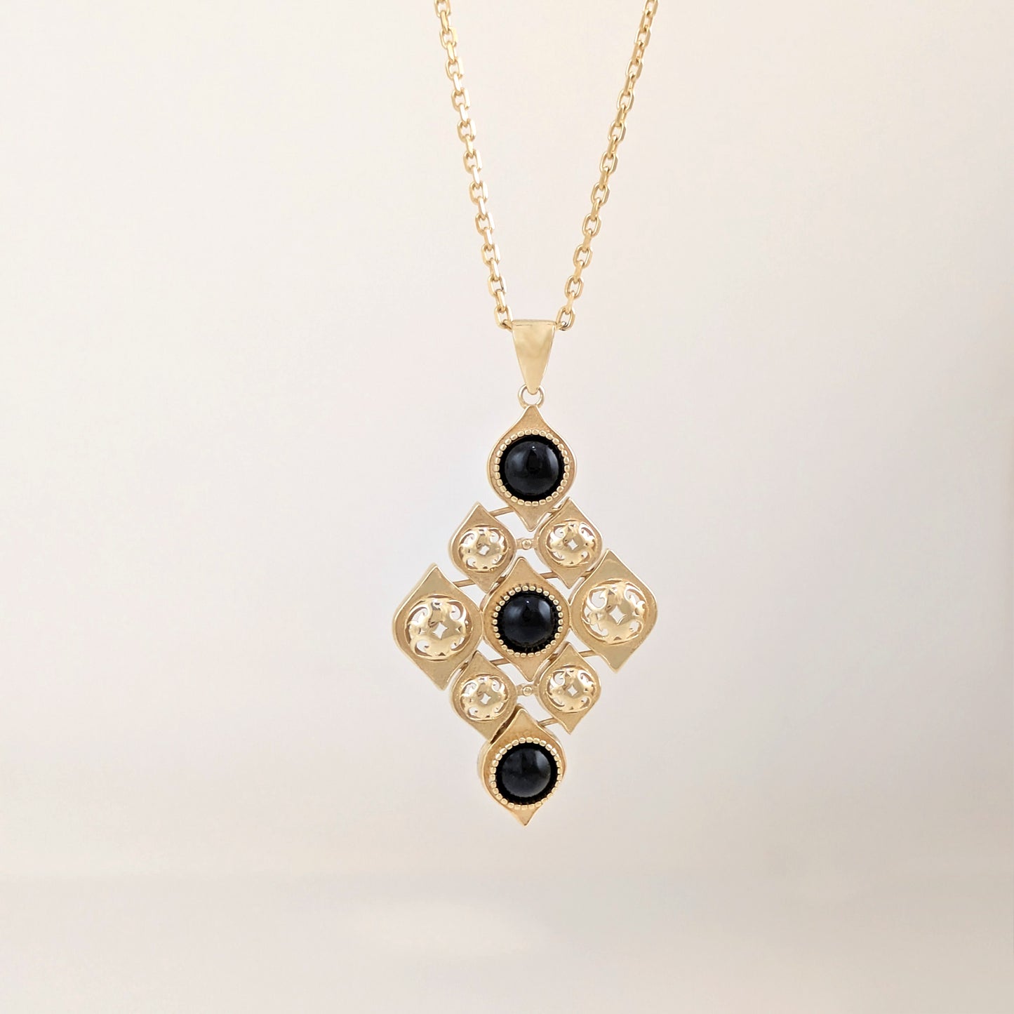 Black Onyx Filigree Gold Tone Statement Pendant