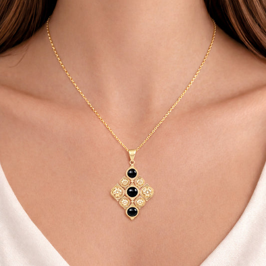 Black Onyx Filigree Gold Tone Statement Pendant