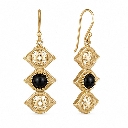 A pair of gold drop earrings with three stacked eye motifs, featuring textured gold bezels with clear pavé stones and a central round black onyx stone, shown on a plain white background.