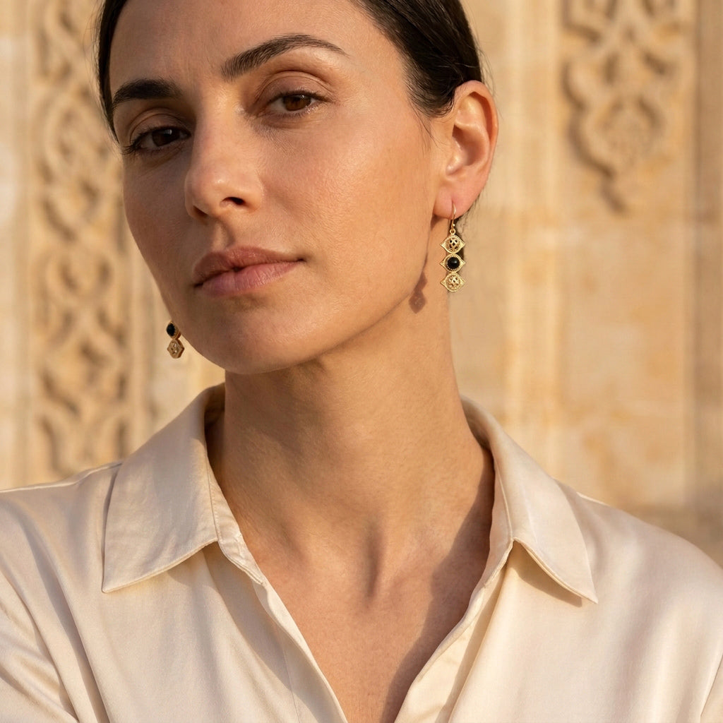 Openwork Marquise Drop Earrings with Black Onyx