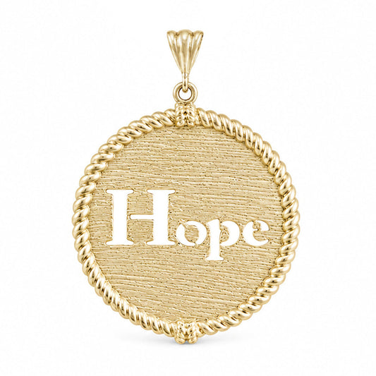 A gold round pendant with a rope border and the word 'Hope' in white serif lettering, shown on a plain white background.