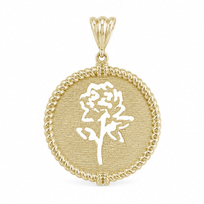 A gold pendant featuring a textured circular medallion with a stylized rose cutout in the center, surrounded by a twisted rope border and a matching rose-gold-toned bail, shown on a plain white background.
