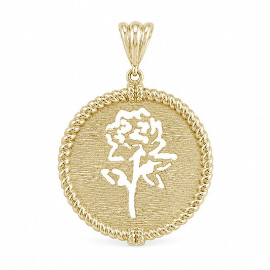 A gold pendant featuring a textured circular medallion with a stylized rose cutout in the center, surrounded by a twisted rope border and a matching rose-gold-toned bail, shown on a plain white background.