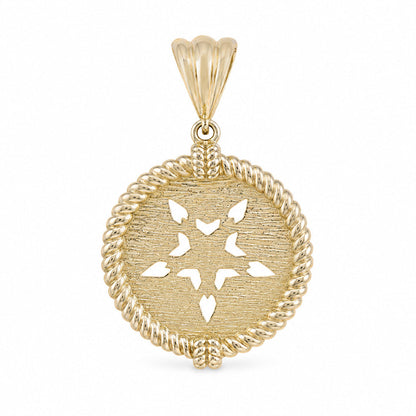 A gold pendant featuring a textured circular face with a five-pointed star cutout in the center, surrounded by a twisted rope border, and a matching fluted bail at the top, shown on a plain white background.